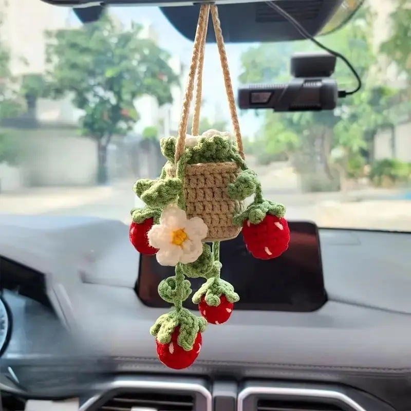 Handmade Crochet Potted Strawberry Car Rearview Mirror Charm, Cute Knitted Hanging Ornament, Aesthetic Kawaii Car Interior Decor Accessory for Women Gift Home Bag Pendant, Car Decor, Girl Car Accessories,camping essentials