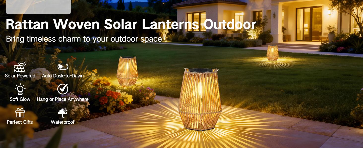 2 Pack Solar Lanterns Outdoor Waterproof, Hanging Rattan Woven Solar Lights with Auto On/Off, Decorative Gifts for Garden, Yard, Patio, Tree, Porch, Lawn, Pathway & Outside Tabletop Decor