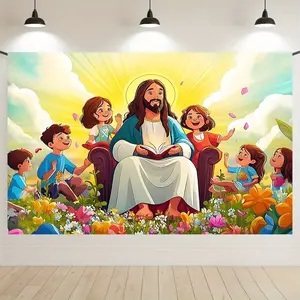 Jesus With Children Meadow Backdrop Religious Backdrop Tapestry Wall Hanging Photography Background Polyester Fabric Easter Spring Summer Party Church Studio Indoor Outdoor Decor Banner