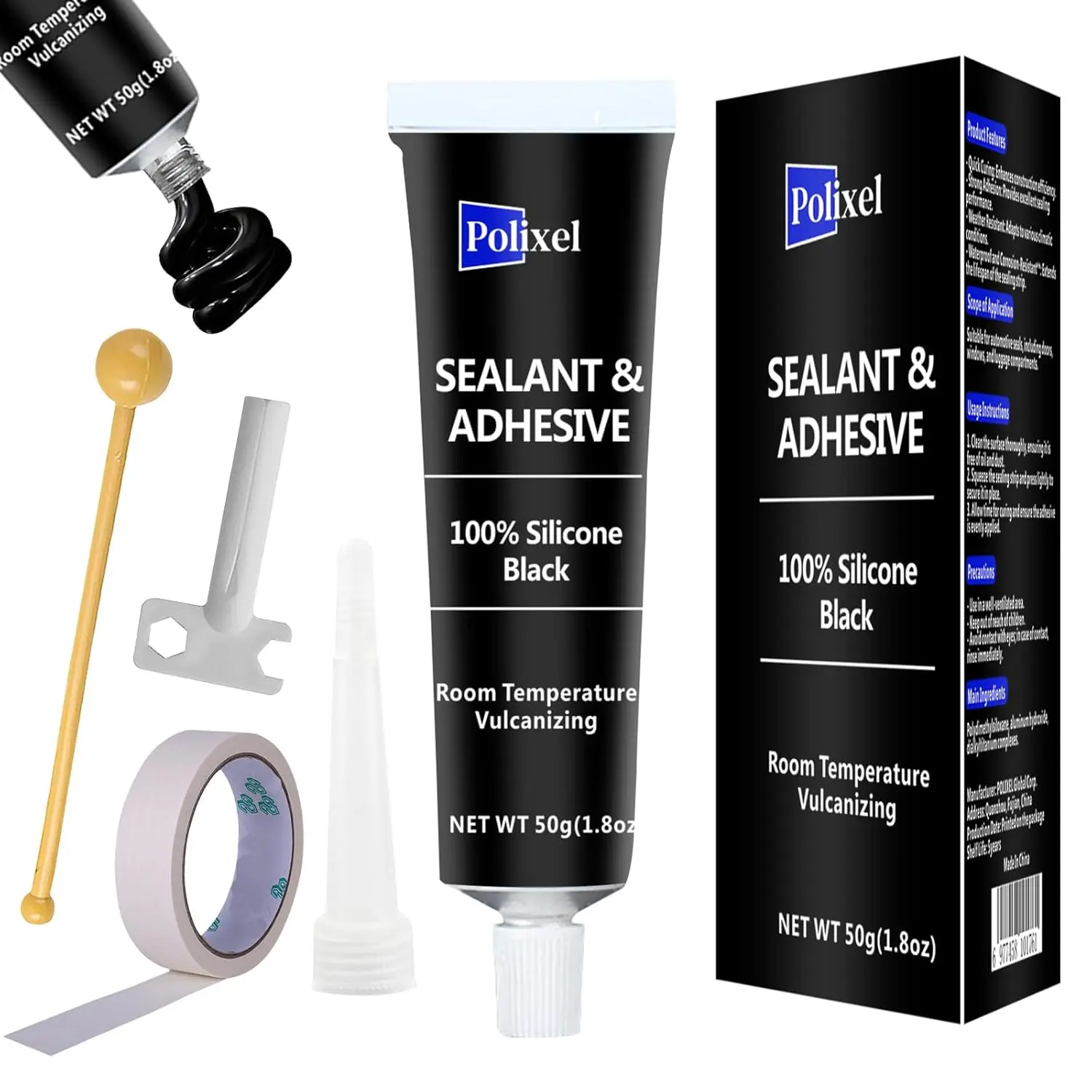 Black RTV Silicone Sealant Adhesive Caulk, 100% Silicone, All-Purpose Waterproof Sealing for Car, Window, Bathroom, Shrink & Crack-Proof High Bond Strength, 1.8oz/50g, All-Purpose Waterproof Sealant