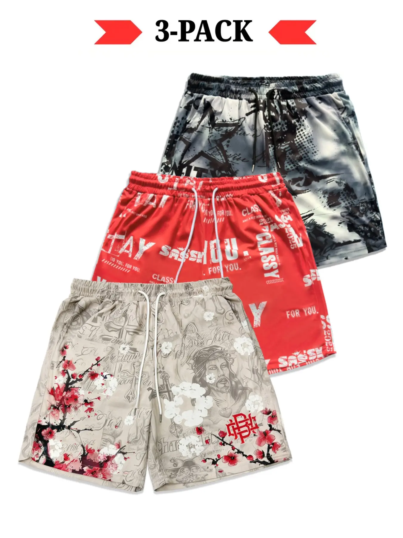 Men's Casual Short Pants 3-Piece Set, Casual Wear Shorts, Graphic Print, Drawstring Waist, Breathable Mesh, Quick-Dry, Summer Streetwear, Beach Vacation, Daily Commute