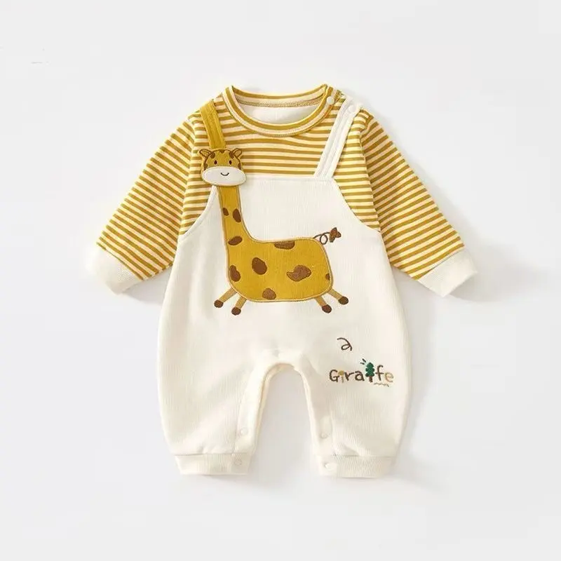 Autumn New Infant Fake Two Piece Romper Fleece Giraffe Design Cozy Newborn Daily Hug Crawling Onesie