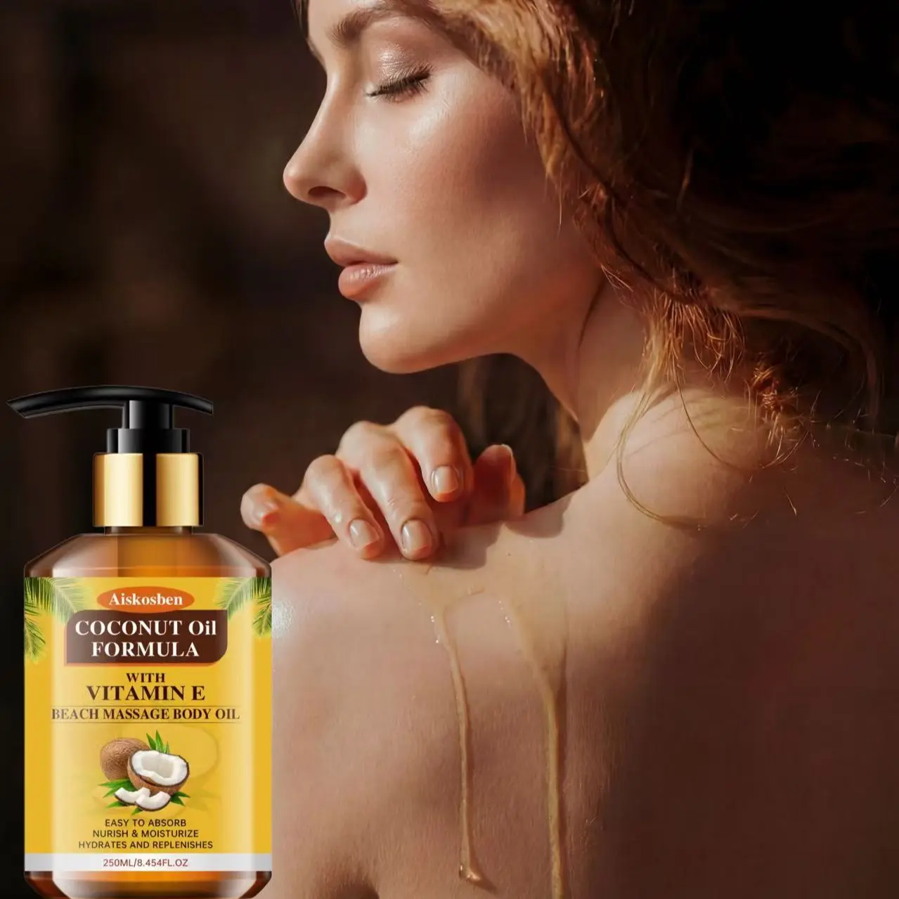Coconut Beach Massage Body Oil with Vitamin E, 48hr Moisturizing, Repairs Dry Skin, Improves Roughness, Peel, Sunspots, 250ML, Unisex