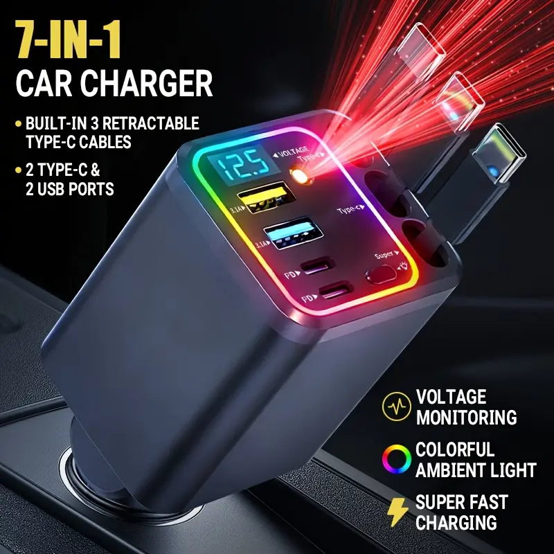 Retractable Car Fast Charger, with 2 USB + 2 Type-C Ports, 13.8V Output, 180 °   Directional Adjustment, LED Digital Display, Including 3 Retractable Fast Charging Cables, with Car Starry Sky Ceiling Light, Atmospheric Design