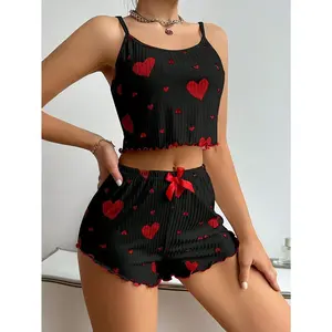 Women'S Elegant Heart Print Spaghetti Strap Pajama Set with Bow Detail - Black and Red, All-Season Comfort, Casual Sleepwear|Elegant Sleepwear|Comfortable Fit, Heart Print Ribbed Frill Trim Pajama Set, Cute Bow Notched Neck Cross Strappy Backless Crop Cam