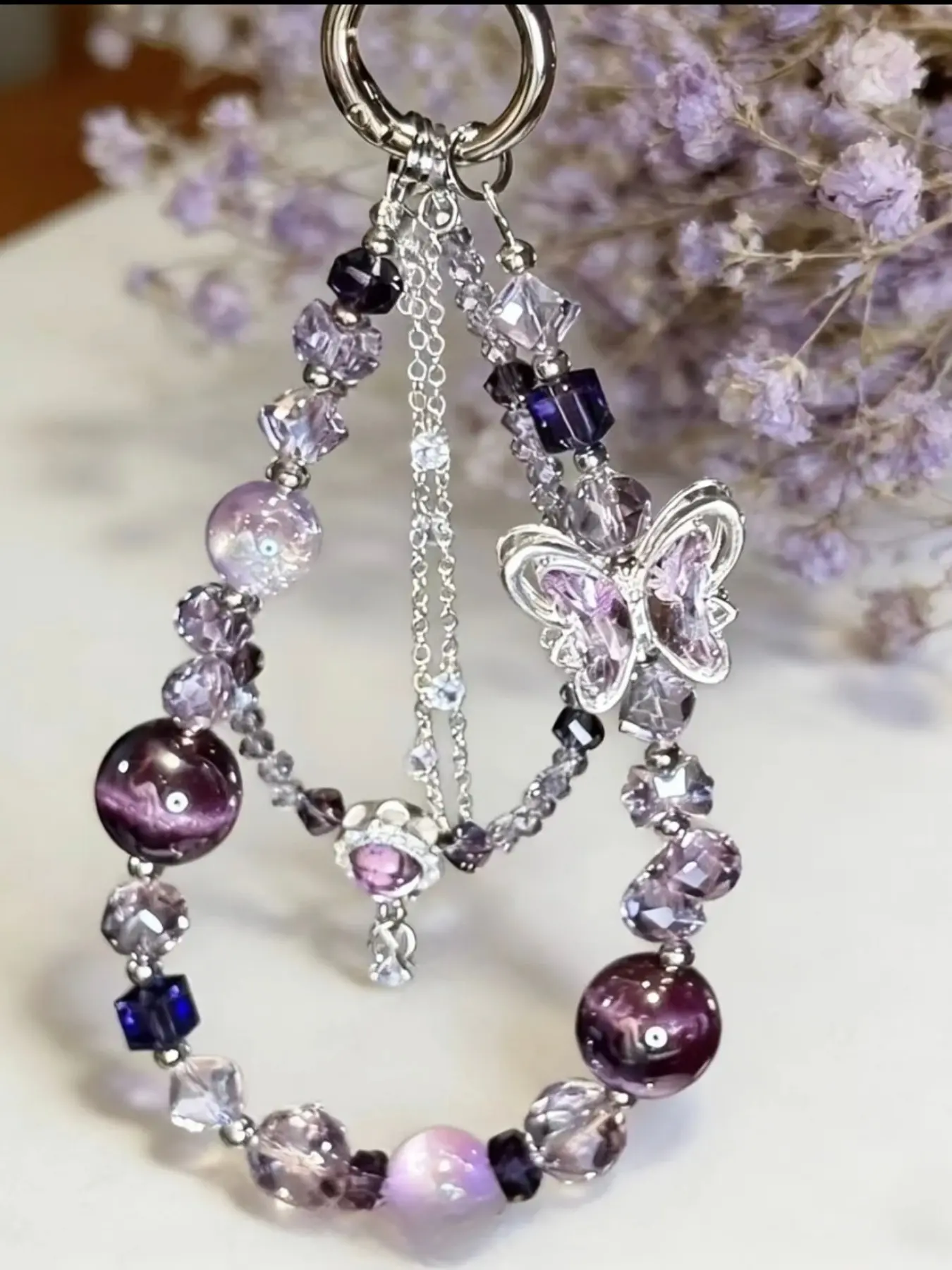 Luxury Amethyst Beaded Phone Chain, Butterfly Charm Anti-Loss Car Keychain, Elegant Fashion Accessory, Multi-Functional Jewelry