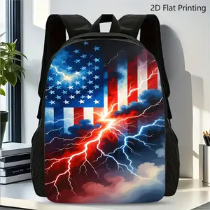 1pc American Flag Lightning Thunder Cloud Print Backpack with Lightning Bolt & Cloud, Adjustable Shoulder Straps & Zipper Closure Suitable for School, Travel, Outdoor, and, Lightweight Bookbag