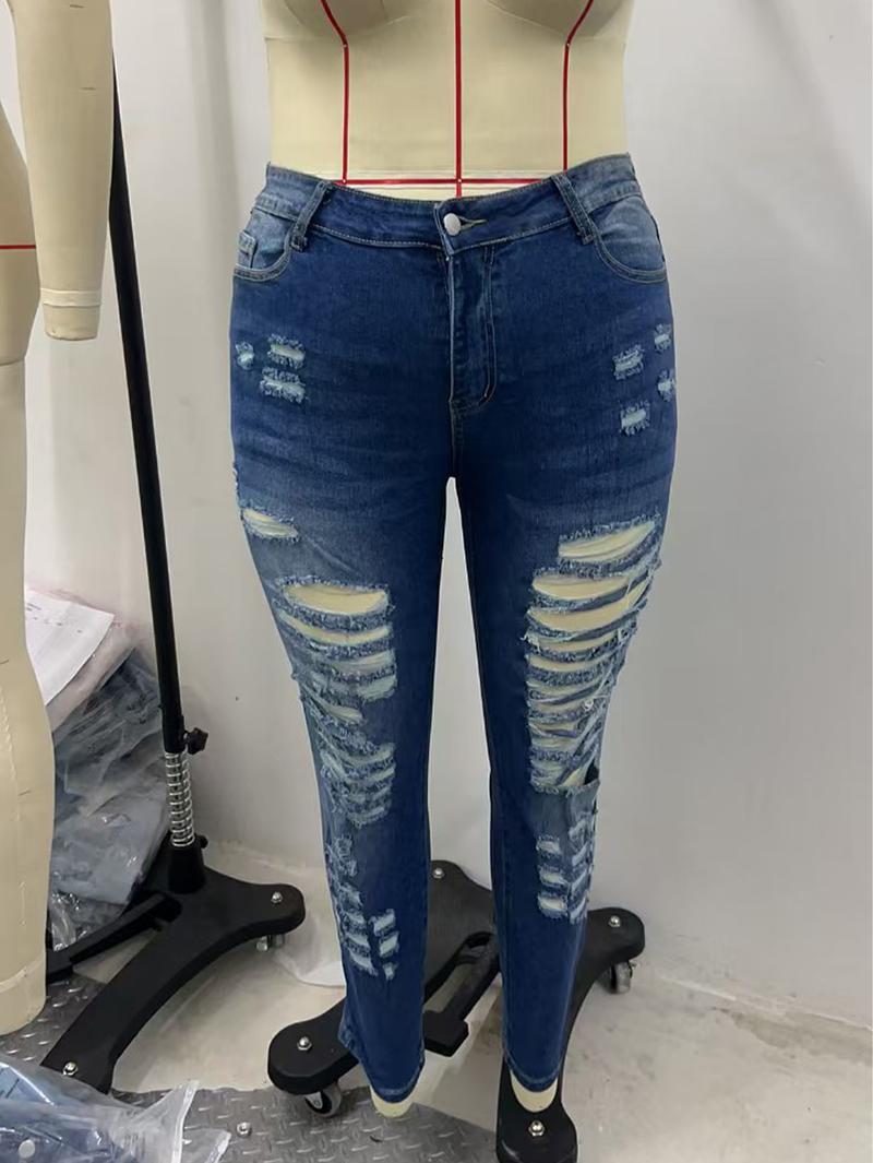 Women's Plus Size High Rise Stretchy Skinny Ankle Jeans, Butt Lifting Ripped Distressed Washed Denim, American Retro High Street Basic Style Pocket Button Pants for Daily & All-Season Wear