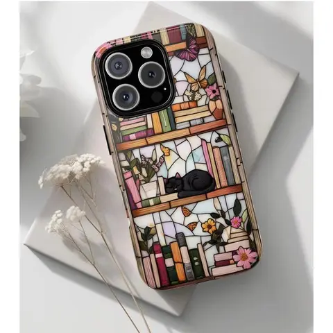 Literary Cat & Bookcase Glossy Dual-Layer 3D Shockproof Tough Polycarbonate Smartphone Case, Shell, Casing for iPhone11-17, Plus, Pro, ProMax - Wireless Protective Handheld Device Accessory