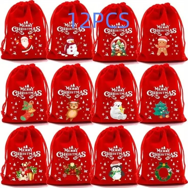 12 Piece Christmas Velvet Bags, Advent Calendar Gift Bags, Drawstring Pouches, Candy Jewelry Packaging, Ramadan Use
