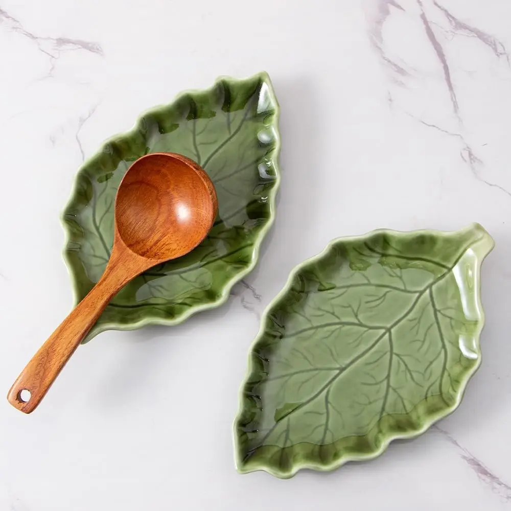 Ceramic Leaf-Shape Utensil Rest - Large Porcelain Tableware for Stove Top, Kitchen Counter, Farmhouse Kitchen Decor, Cute Green Cutlery Holder for Cooking