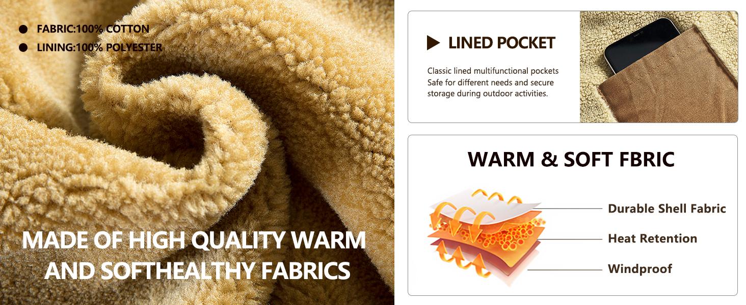 Zaitun Men's Sherpa Trucker Jacket Fleece Lined Warm Cargo Winter Coats Multi Pockets Beige Casual Longsleeves