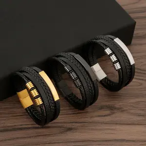 3-Pack Multi-Layer Braided Leather Stackable Bracelets, Classic Hand-Woven Unisex Daily Stacking Jewelry Accessory