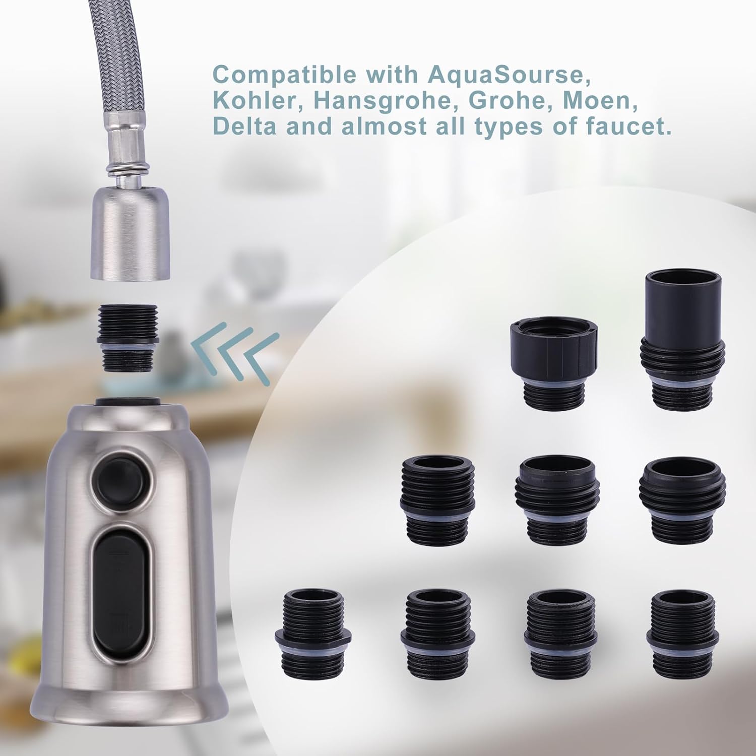 Pull Down Faucet  Replacement,3-Function Kitchen Faucet   with 9 Adapters,Kitchen Faucet  Sink  Nozzle Compatible with  Standard,Brushed Nickel