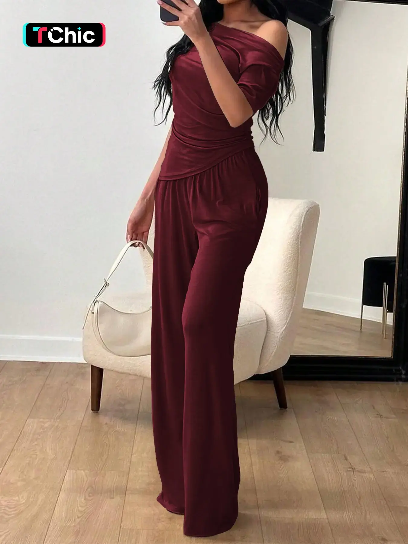 Women's Two-Piece Set, One-Shoulder Short Sleeve Top, High-Waisted Wide Leg Pants, Soft Modal, Fall Winter, Slim Fit, Casual Comfort