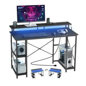VEVOR 47" Gaming Desk with LED Lights Power Outlets, Computer Desk with Monitor Stand 2-Tier Storage Sheves, Study Work for Home Office, Black