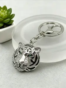 1PC Tiger Head Keychain Alloy Rhinestone Pendant Key Ring Animal Charm Gift for Friends