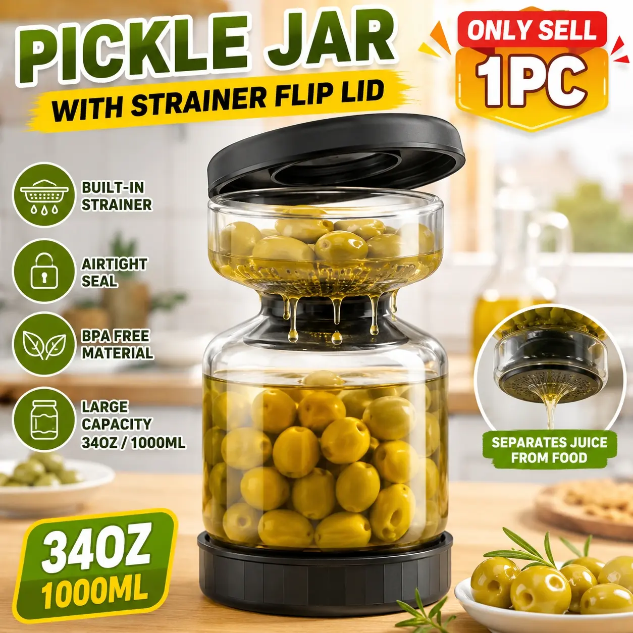 1pc Pickle jar with strainer flip lid, pickling container, pickles and olive hourglass jar, glass flip-top pickle jar, juice-separating jar with airtight lid, suitable for peppers and small cucumbers, Clear Food Storage