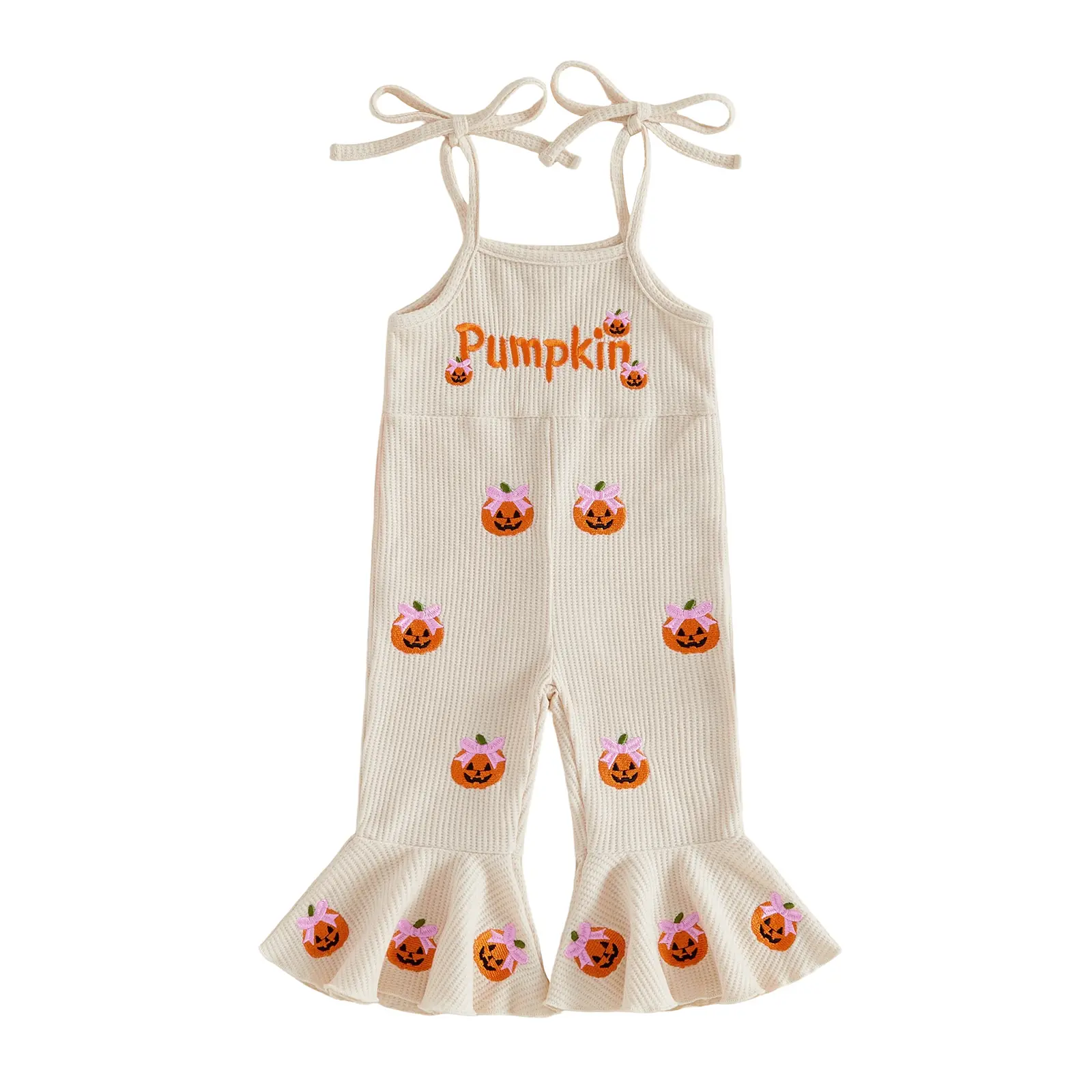 Canrulo Halloween Toddler Girl Bell Bottom Jumpsuit Pumpkin Embroidery Romper Baby Spaghetti Straps Overalls Flare Pant Kid Playsuit