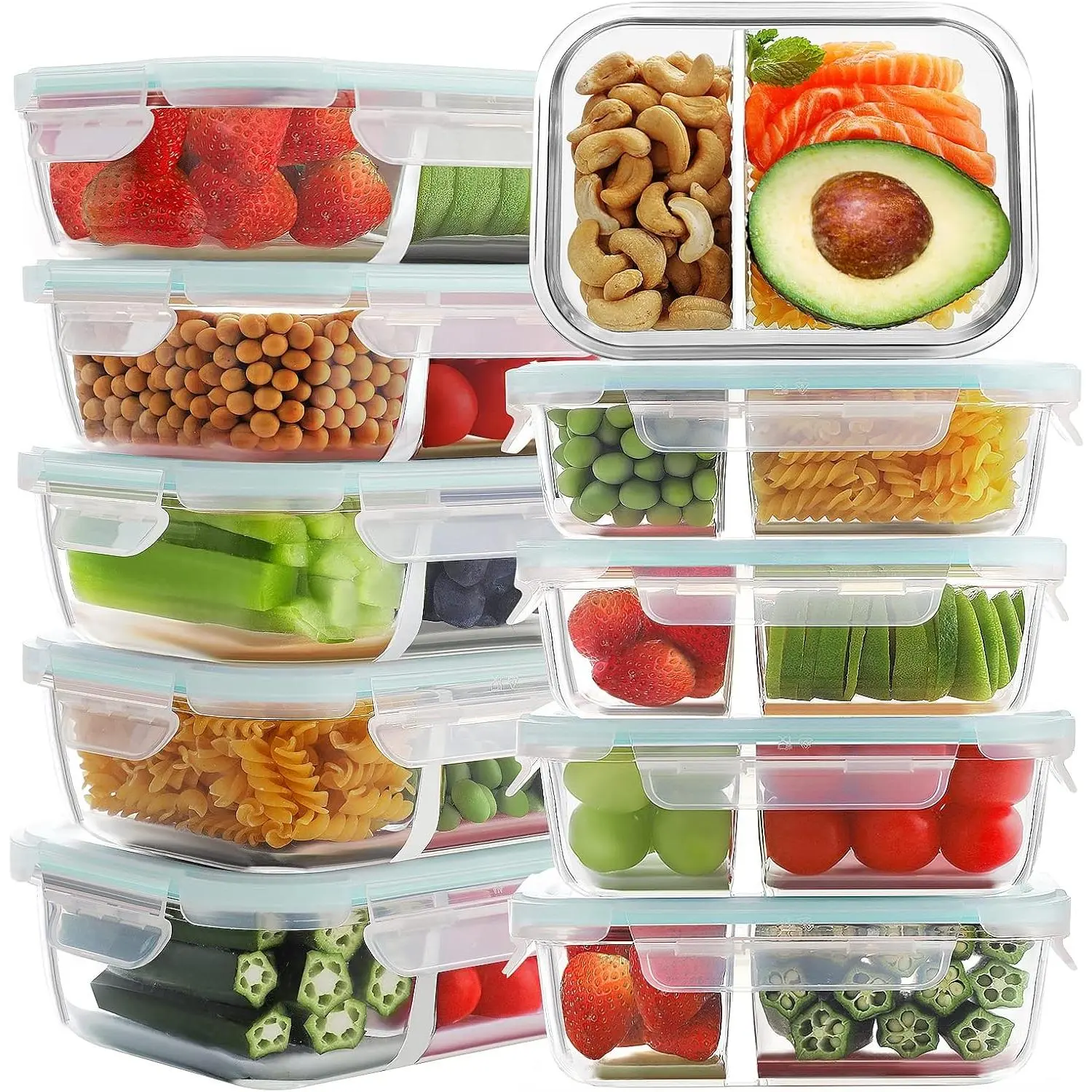 10 Pack Glass Meal Prep Containers 2 Compartment, Glass  Storage Containers with , Airtight Lunch Bento Boxes, Leak Proof (10  & 10 Containers)