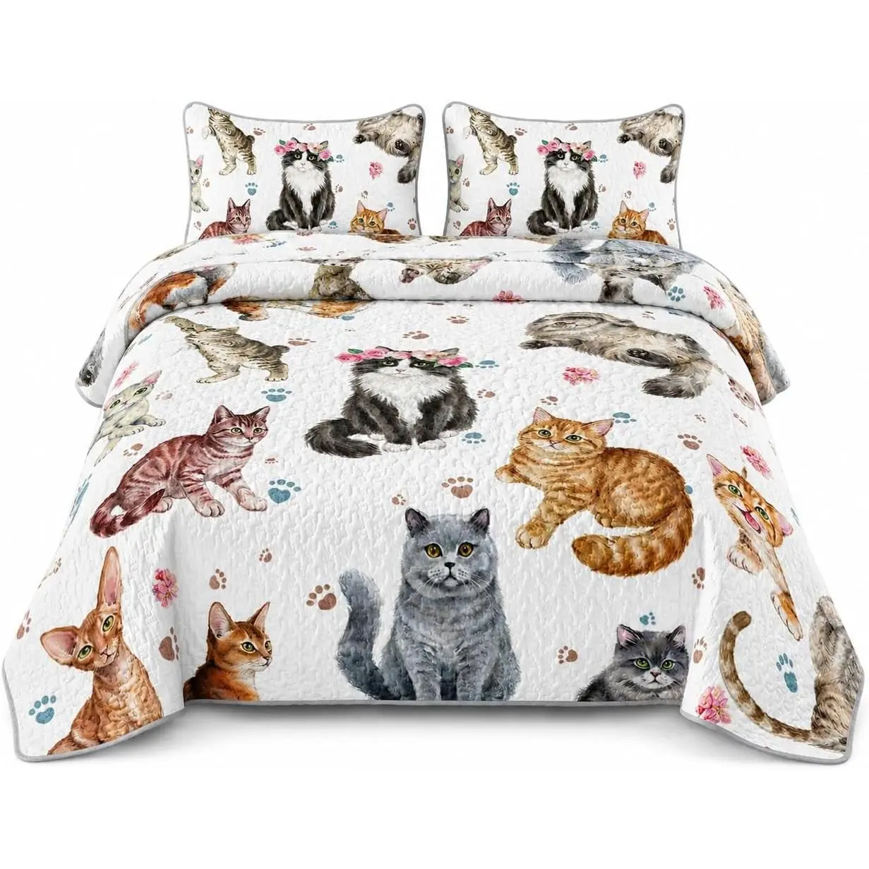 AILONEN Kawaii Cat Kitten Quilt Set Queen Size,Floral Cat Paw Quilted Bedspread Coverlet 3Pcs,Soft Lightweight Quilt & 2 Pillowcases,Pet Animal Theme