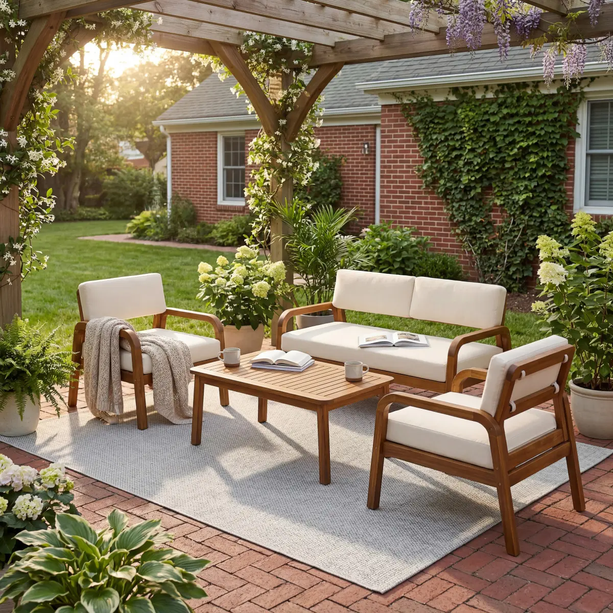 Aobtkel4-Pieces Outdoor Sofa Set with Cushions Outdoor Loveseat & Coffee Table Set,Teak
