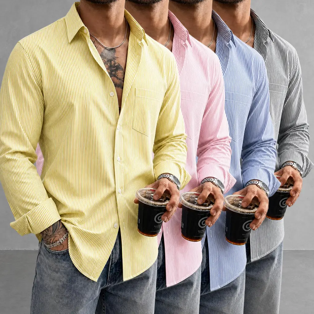 Veiskor Men's Polyester Striped Button-Up Shirt - Long Sleeve, Collared, Chest Pocket, Regular Fit, Lightweight, Soft, Medium Length, Machine Washable - Office Work & Daily Wear Business Casual Dress Shirt