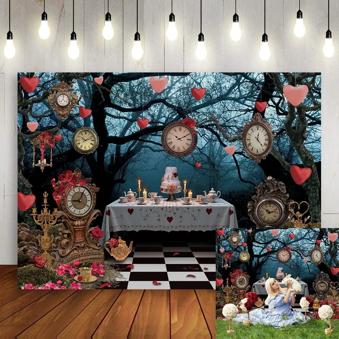Wonderland Enchanted Forest Backdrop Rose Floral Pocket Watch Cake Table Checkerboard  Party Photography Background  Adult Birthday  Shower Halloween Party Decor Banner Photo Props (7x5FT)
