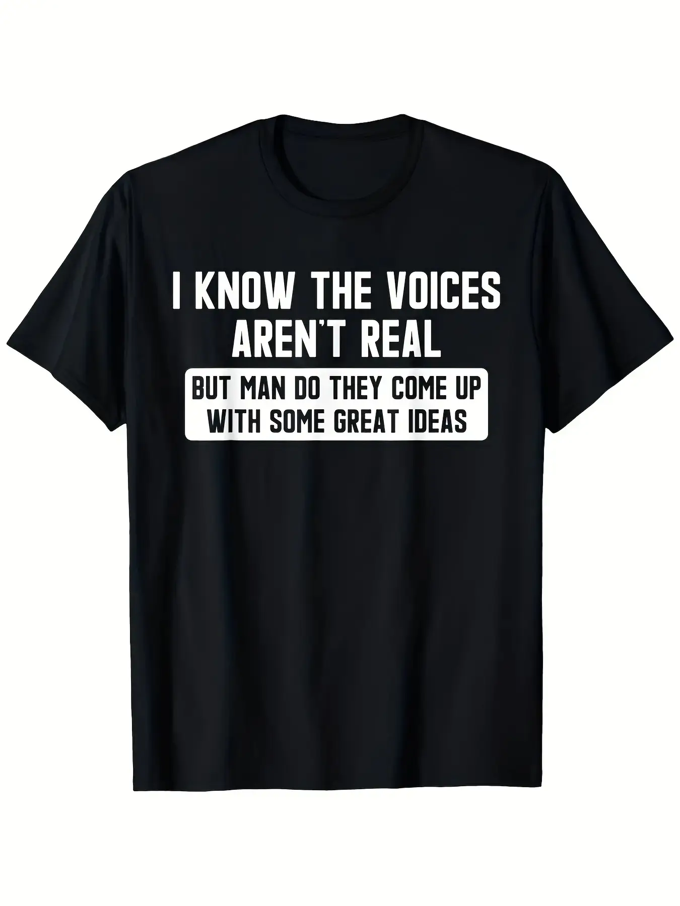 Men's Plus Size Schizophrenia Awareness Short-Sleeve T-Shirt - Menswear, Round Neck Streetwear Tee with "I Know The Voices Aren't Real" Funny Retro Slogan, L-XXXXXL Black/White Casual Top, Machine Washable Summer Essential, Perfect for Gifting, Shortsleev