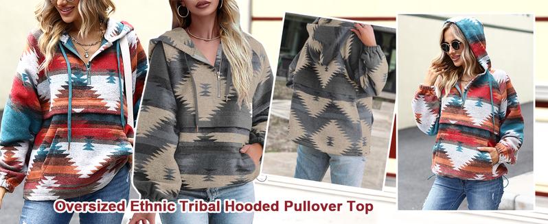 FMEYOA Womens Christmas Aztec Half Zip Up Hoodies Sweatshirt Casual Long Sleeve Oversized Ethnic Tribal Hooded Pullover Shirt Top