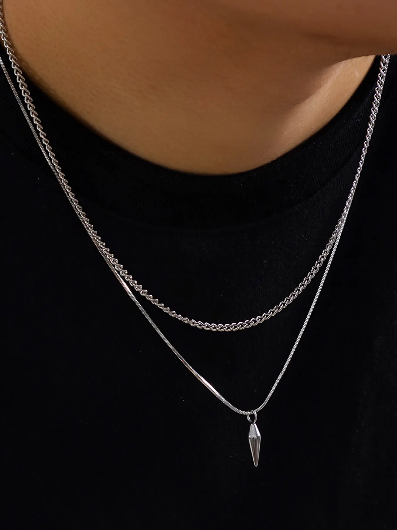 Vintage Punk Style Studded Pendant Necklace Set, Adjustable Alloy Chain, Unisex Multi-Layered Jewelry for All Seasons