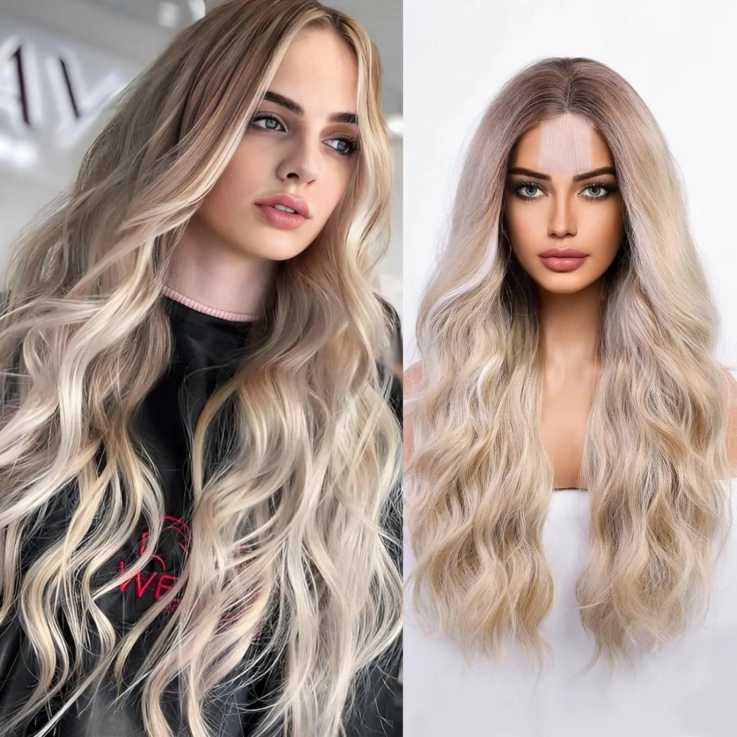 Amazon new wig European and American women's front lace synthetic fiber wig small lace center part long curly wig