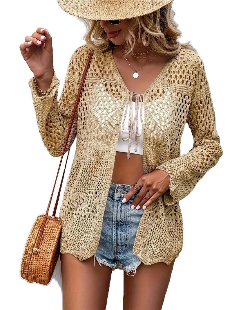 Women's Solid Color Hollow Out Tie Front Crochet Cardigan, Casual Long Sleeve Knitwear for Summer, Fashion Women's Knit Clothing for Daily Wear, Knitting, Summer Cardigan Women, Beach Cover Up, Lightweight Knit Top, Boho Crochet Sweater, Vacation Outfit