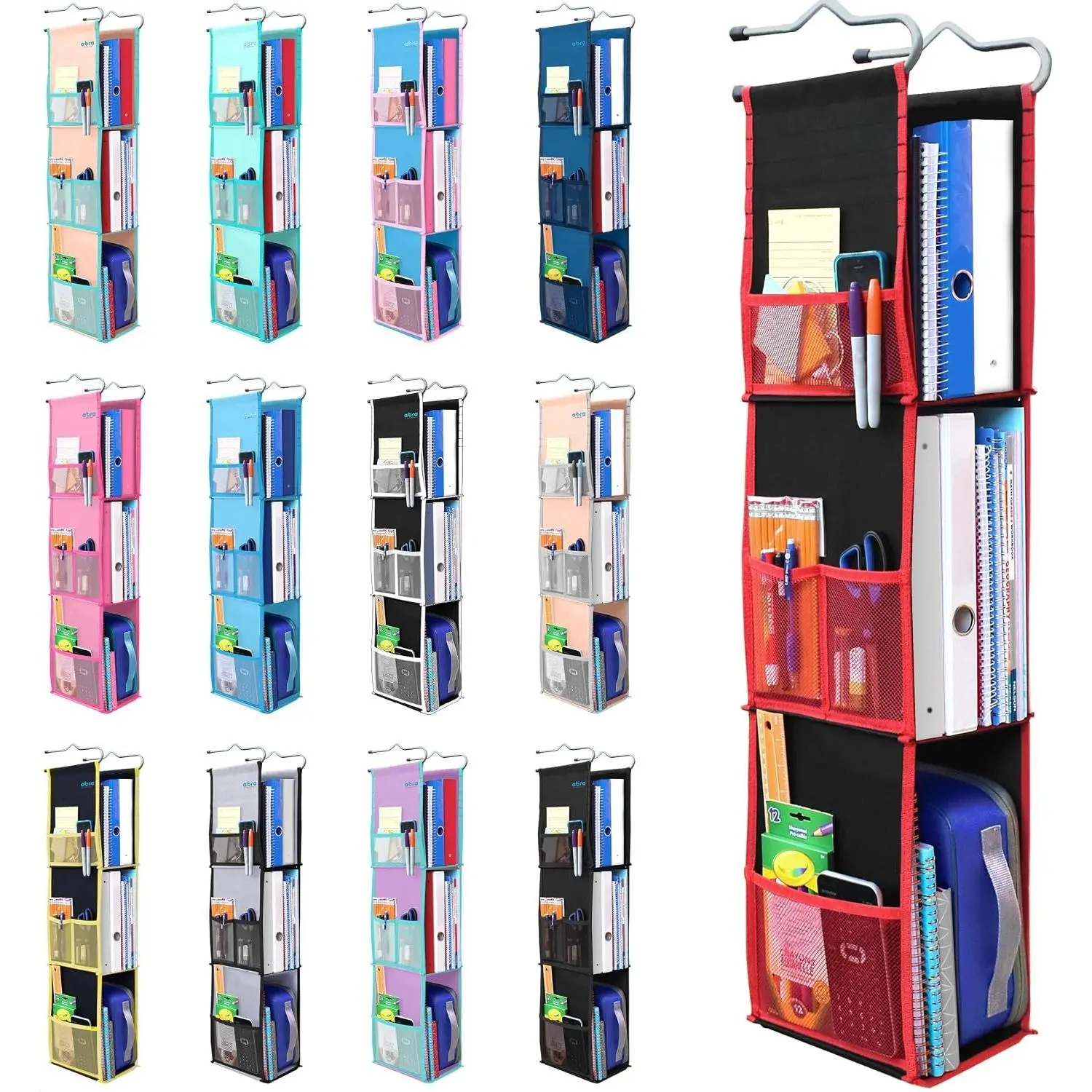 ® 3 Shelf  Locker Organizer for School, Gym, Work, Storage | Deep Shelves 6.5”x 9”|  Fabric  for  | Adjustable School Locker Shelf from 3 to 2 Shelves (Black/Red)