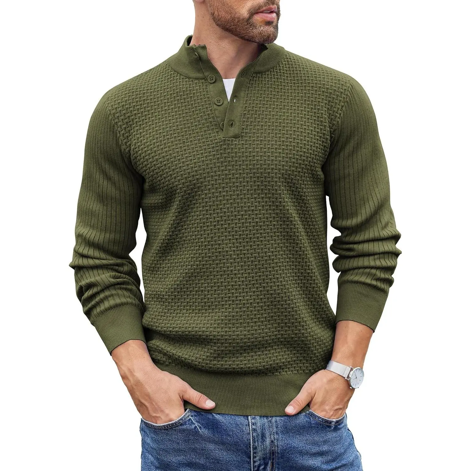 Men Quarter Button Sweater Long Sleeve Henley Waffle Knit Pullover 3 Button Mock Neck, Casual Dressy, Slim Fit Fall Winter Tops, Stand Collar, Business Office, Ribbed Cuffs