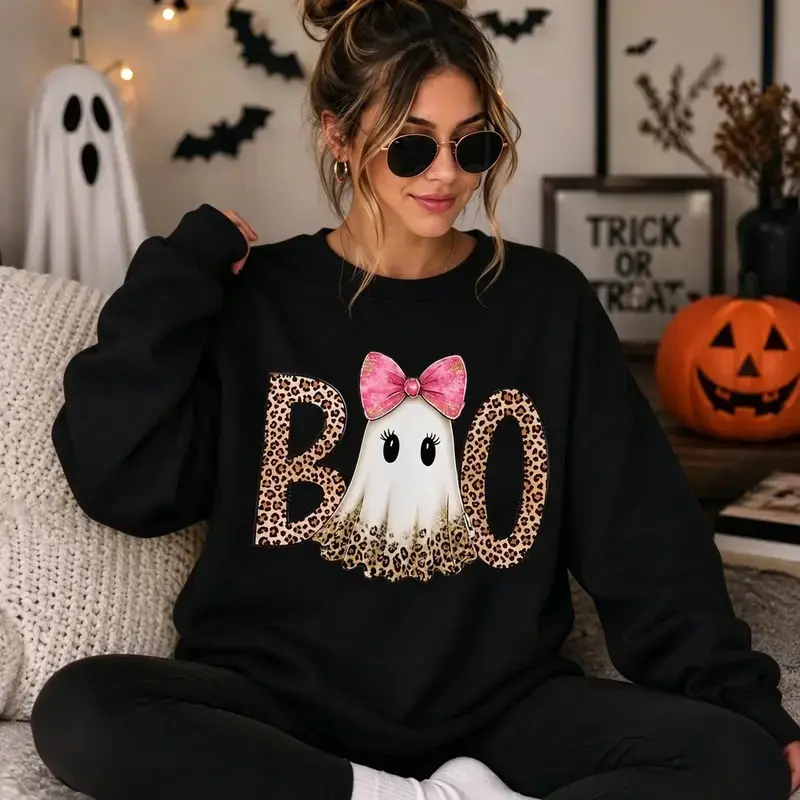 Boo Ghost Leopard Print Sweatshirt, Cute Halloween Ghost Crewne, Pink Bow Ghost Sweatshirt, Coquette Halloween Shirt, Spooky Season Pullover, Fall Graphic Sweatshirt, Halloween Gift for Her Printed by DTF heat transfer