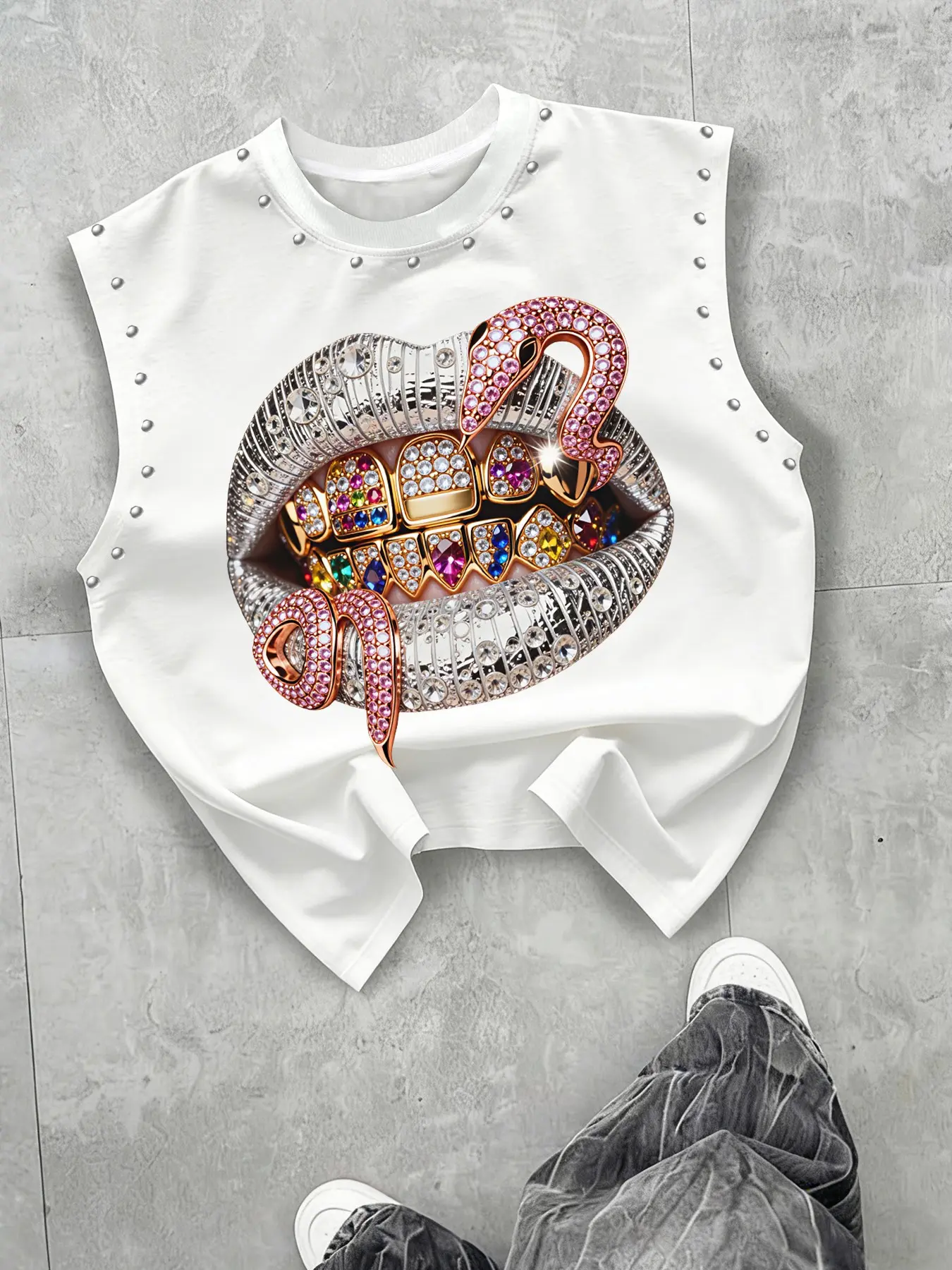 Men's Casual Tank Top Sleeveless, Full Rhinestone Colorful Snake Print, Comfortable Breathable, Fashion Lightweight, Perfect for Daily Wear & Layering