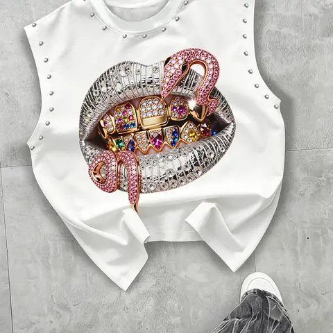 Men's Comfortable Breathable Sleeveless Casual Tank Top, Lightweight Full Rhinestone Colorful Snake Print Top for Daily Wear & Layering