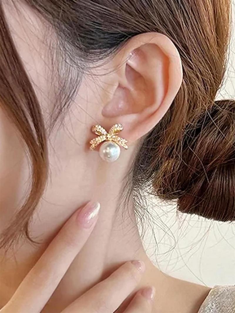 Summer Faux Pearl & Rhinestone Decor Bow Design Dangle High Quality Earrings, Elegant Jewelry for Women for Party, Daily Clothing Decor, Trendy Jewelry As Gift
