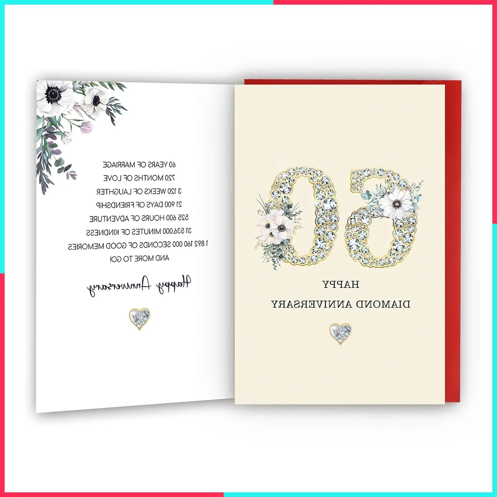 60th Anniversary Card, 60th Anniversary Decorations, 60 Year Wedding Anniversary Card Gift, Happy Diamond Anniversary, 8x5.3 Inches, Double-Sided