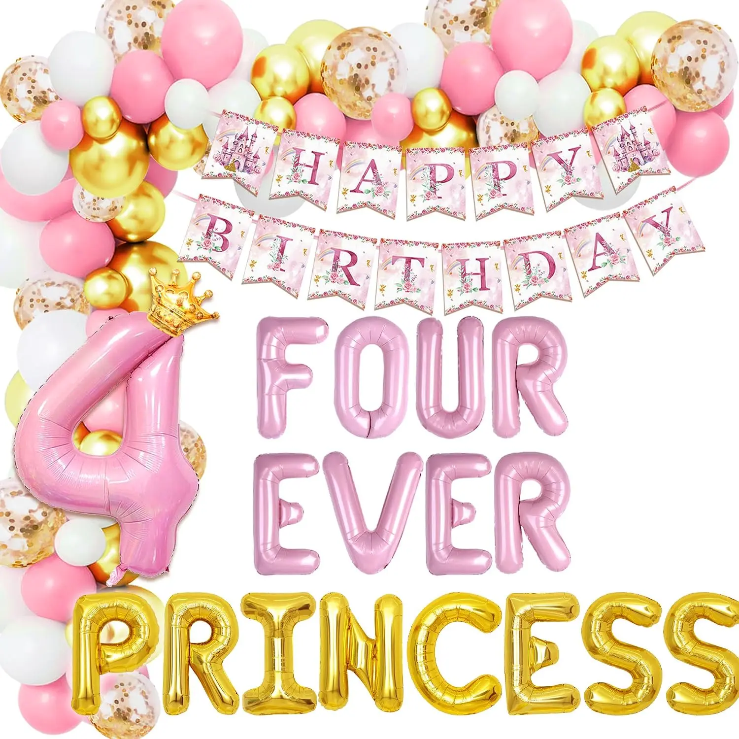 Pink Gold Princess Castle Balloon Set - 4-Year-Old Birthday Decor Supplies with Crown Number 4 Foil Balloons, Banner for Princess Castle Birthday Party Themes, Princess Castles
