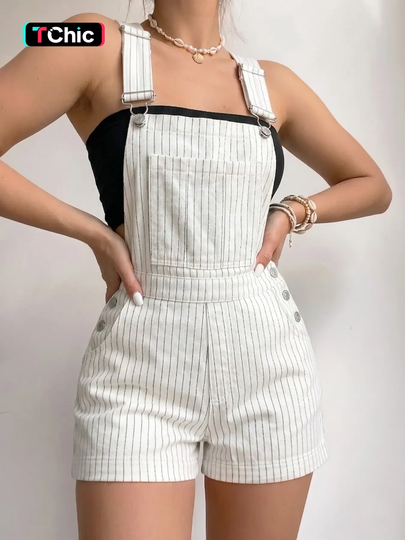 Women's Vertical Striped Denim Short Overalls, Adjustable Metal Button Suspender Straps, 90s Vintage Preppy Casual Overall Jumpsuits