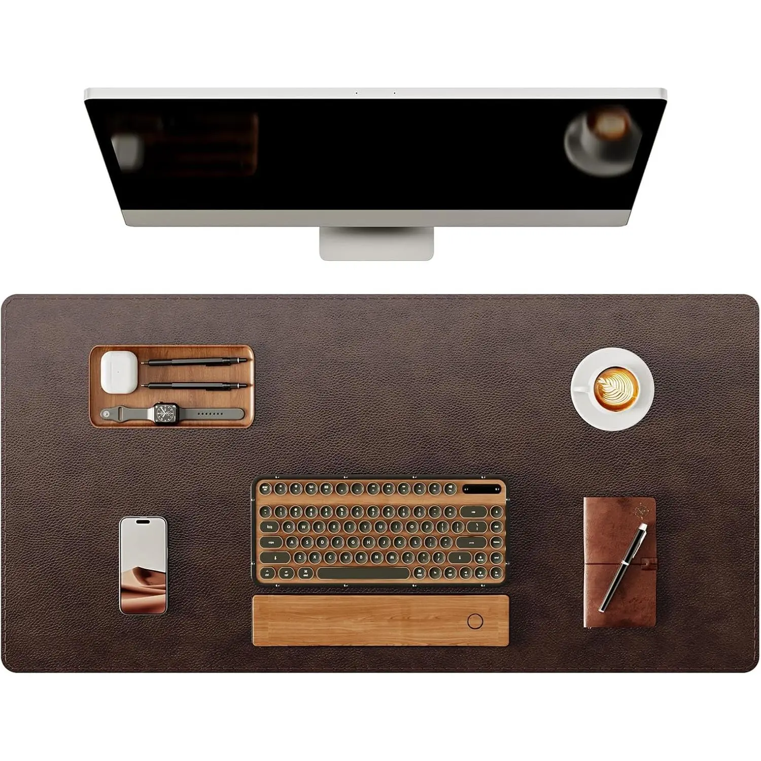 Genuine Leather Desk Mat, 31.5"x15.8" Thick Premium Office Desk Pad with Stitched Line, Non-Slip Laptop Writing Pad with Rubber Base (Dark Brown)