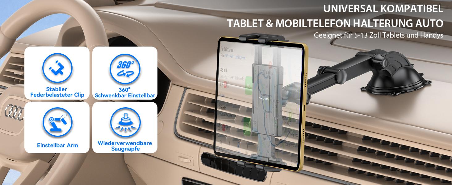 OHLPRO Tablet Holder Car, 360° Rotation Tablet Mounts, 18 cm, Extendable Arm + Washable Suction Cup, iPad Car Holder, Universal Windscreen & Dashboard for 5-13 Inch iPad, Sumsung, Smartphone