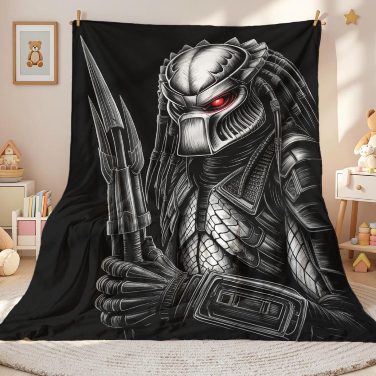 Predator Design Throw Blanket - Soft Lightweight Acrylic Sofa Cover with Red Eye Detail, Durable Black & White Artistic Design  - Perfect Sci-Fi Gift for Fans, All-Season Cozy Blanket, Sofa Throw, Sci-Fi Theme, Intricate Patterns