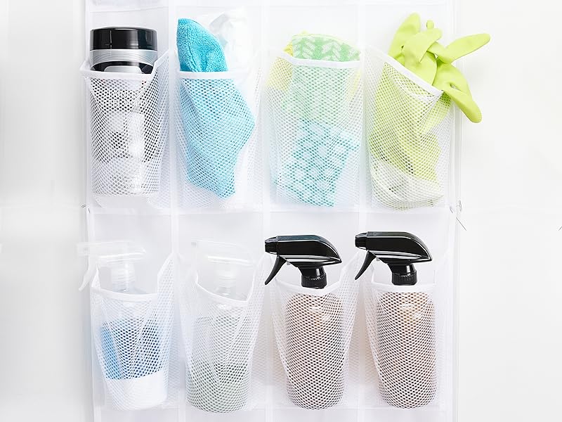 Over the Door Shoe Organizer, 24 Large Breathable Mesh Pockets, Space Saving Hanging Storage Holder, Closet Rack Hanger Holds Up to 40 lbs, Hangs on Closets for Shoes, Accessories, Pink