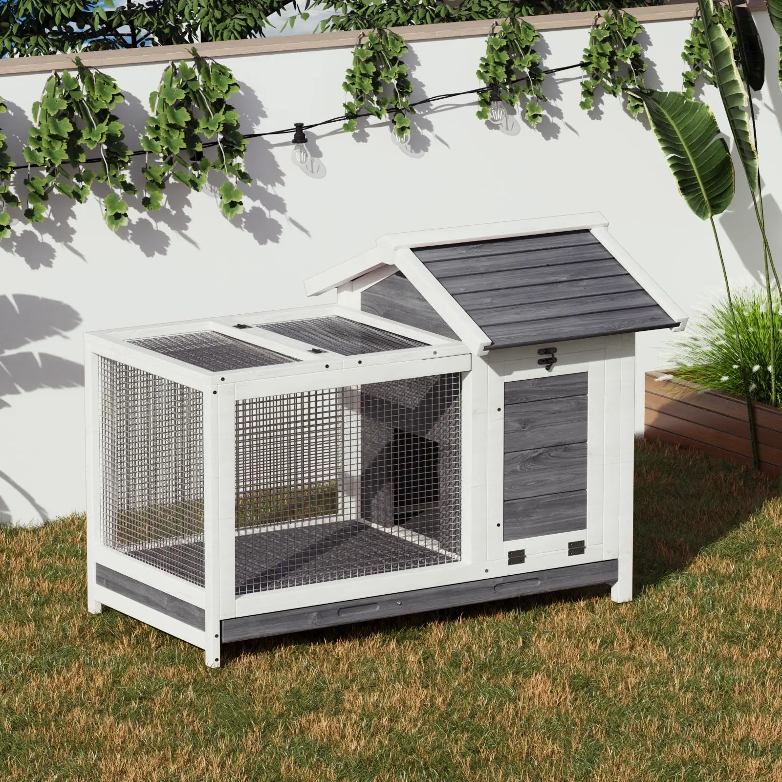 Solid Wood Rabbit Hutch - Indoor/Outdoor Animal Cage with Weatherproof Design, Removable Wire Net, Anti-Chew Metal Frame, Ramp, Removable Tray for Rabbits, Guinea Pigs