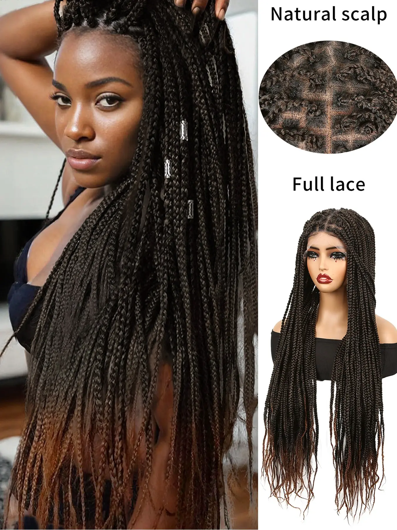 28-Inch Black-to-Brown Ombré Knotless Braided Lace Wig, Box Braid Wig with Baby Hairs, Synthetic Knotless Braids Wig, Featuring HD Invisible Lace and Synthetic Fibers. Ideal for daily wear, holidays, parties, and more