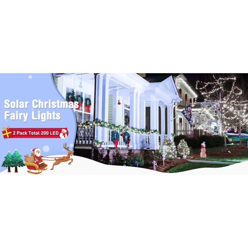 2 Pack Solar String Lights Outdoor Waterproof, Each 33FT 100 LED Outdoor, 8 Modes White Fairy Light for Outside Yard Tree Patio Garden Wedding Christmas Decorations