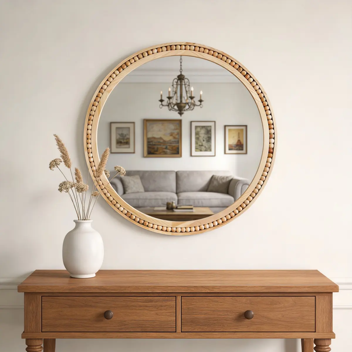 Natural Wood Color 30*30 Inch Round Wall Mirror with Beaded Solid Wood Frame, Rustic Farmhouse Decor Mirror for Entryway, Bathroom & Living Room